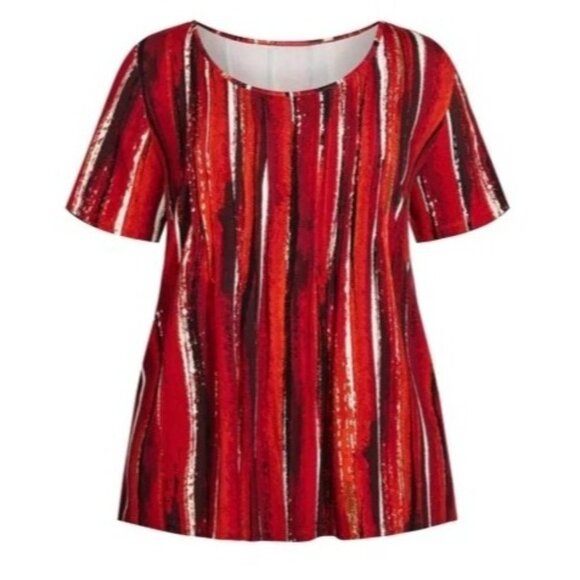 Avenue Womens Pintuck Detail Red & Black Striped Short Sleeve Top Plus Size 26 - Picture 2 of 9